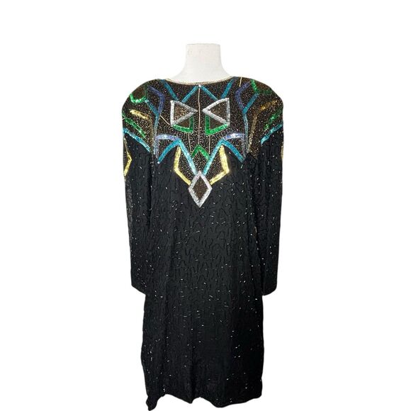 VTG Womens 80s Scala Silk Beaded Sequin Dress Black Gold Green Party Cocktail 3x - Picture 2 of 9